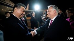 Лідера Китаю Сі Цзіньпіна (ліворуч) зустрічає прем’єр-міністр Угорщини Віктор Орбан, коли він прибуває в аеропорт Будапешта, 8 травня 2024 року