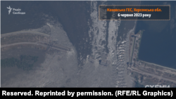Каховская ГЭС после взрыва. Спутниковый снимок Planet Labs показывает разрушения, вызванные взрывом 6 июня 2023 года