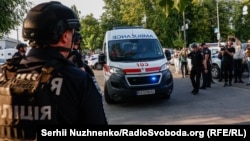 Police at the scene of the explosion in Kyiv on July 5.