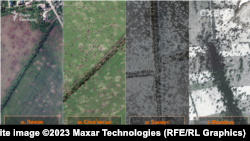 (Left to right) City of Lyman, May 25, 2022; city of Slovyansk, June 6, 2022; city of Bakhmut, January 7, 2023; village of Pavlivka, February 10, 2023.