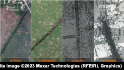Колаж от изображения на украински полета, обстрелвани по време на военни действия. Сателитни снимки на MaxarMaxar Technologies (RFE/RL Graphics)
