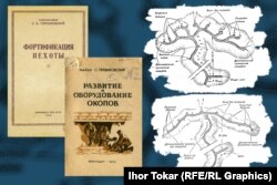Колаж із обкладинок та ілюстрацій книжок зі спорудження фортифікацій 1939 та 1942 років С. Гербановського