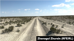 The road leading to the Little Aral Sea is mostly desert terrain.