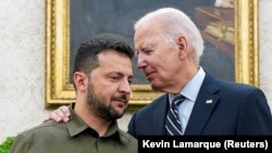 Ukrainian President Volodymyr Zelenskiy (left) with his U.S. counterpart, Joe Biden, while on a visit to the United States this week in a bid to bolster support for Kyiv's fight against the Russian invasion of Ukraine. 