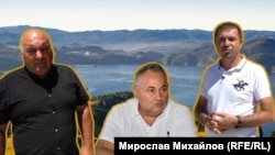 От ляво надясно: Цанко Карталов, Елин Радев, Владимир Делиев на фона на язовир Доспат. Колаж.