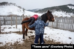 Сергей помогает сыну сесть на коня. Фото: Виль Равилов для ТД