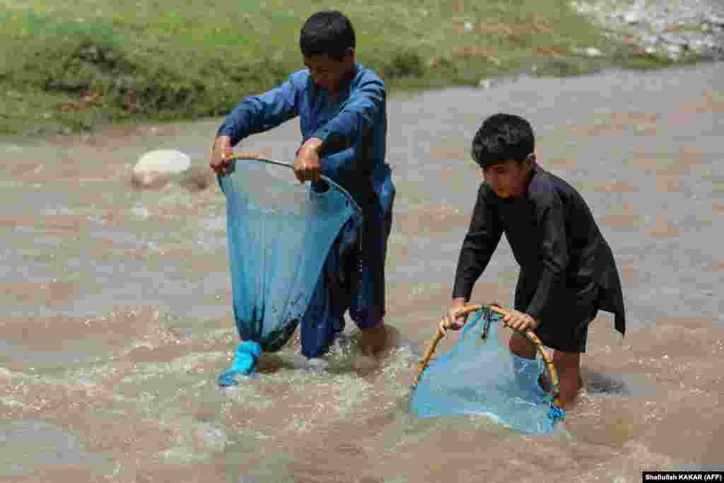 Children fish in a river in the Alingar district of Laghman Province, Afghanistan.