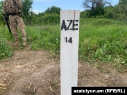 A newly installed border demarcation post in Kirants, a village near the Azerbaijani border, is seen on May 23.