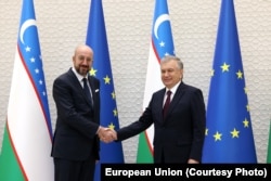 Председатель Европейского совета Шарль Мишель (слева) обменивается рукопожатием с Мирзияевым во время визита в Ташкент в октябре 2022 года.
