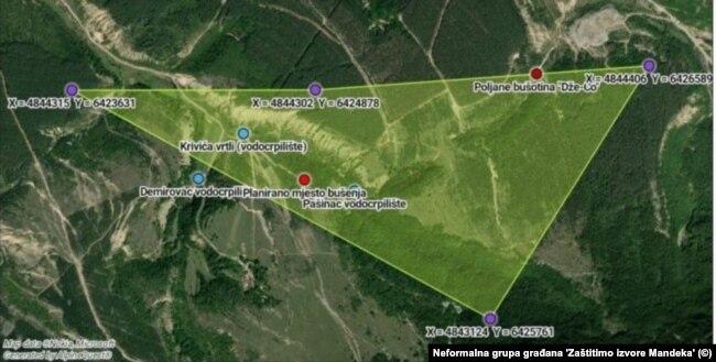 Google Earth prikaz koncesionog područja koje je kasnije svedeno na samo dvije parcele u vlasništvu općine.