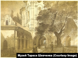 A mid-19th-century sketch by the painter and Ukrainian national poet Taras Shevchenko of the All Saints' Church in the Kyiv-Pechersk Lavra, built by Ivan Mazepa in 1698.