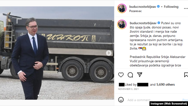 Objava na Instagram profilu predsednika Srbije Aleksandra Vučića 5. novembra 2021. godine, kada je otvarao radove na putu Požarevac-Golubac. Iza njega se na kamionu može videti logo firme Inkop, čiji su vlasnici Zvonko Veselinović i Milan Radoičić.