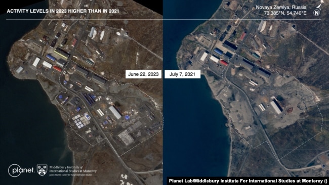 Një imazh satelitor i vitit 2023 shfaq ndërtime të reja dhe struktura të tjera në Novaja Zemlja, ishull në Arktik që përdoret nga Rusia për të kryer testime të armëve bërthamore.