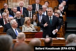Hungarian Prime Minister Viktor Orban speaks during the opening day of the parliament's spring session in Budapest on February 27.