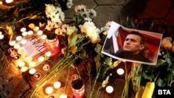 A vigil in front of the Russian Embassy in Sofia following the news of the death of Aleksei Navalny