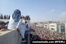 Supporters of the Pashtun Tahafuz Movement (PTM) hold a mass rally in Miramshah in Pakistan's North Waziristan tribal district earlier this year.