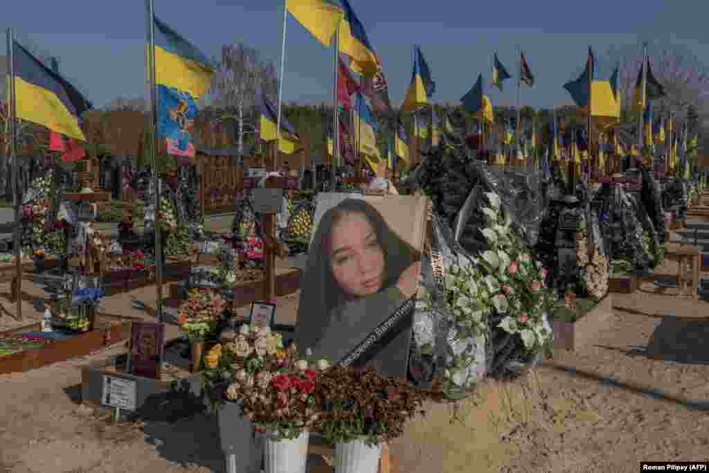 A portrait of Ukrainian machine-gunner&nbsp;Valentyna Makarenko seen at a cemetery in Kharkiv in January 2024.