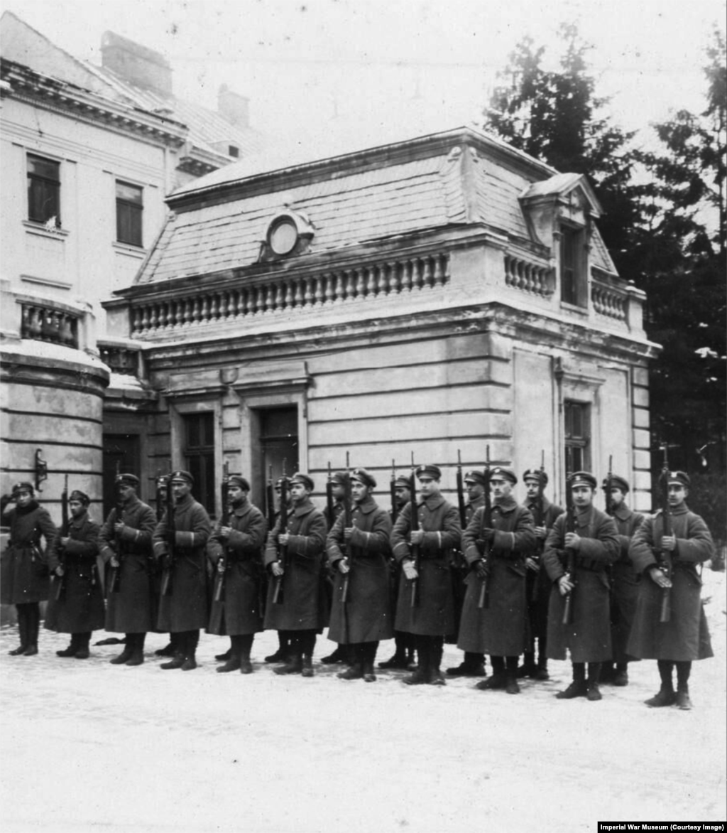 A Polish Army guard outside a conference building in Lviv in February 1919 as French, British, Polish, and Ukrainian delegations met to negotiate an end to the Polish-Ukrainian war. After the conflict, Lviv was recognized as part of Poland. Lviv endured Soviet, then Nazi, then Soviet rule once more, until Ukraine gained independence in the Soviet collapse of 1991.