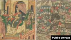 Воцарение хана Токты (слева) и разгром Токтой Ногая (справа). Миниатюры Лицевого летописного свода, XVI век