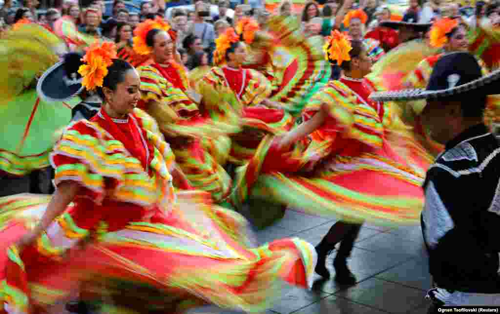 Folk dancers from Mexico participate in a folk dance festival in Bitola, North Macedonia.