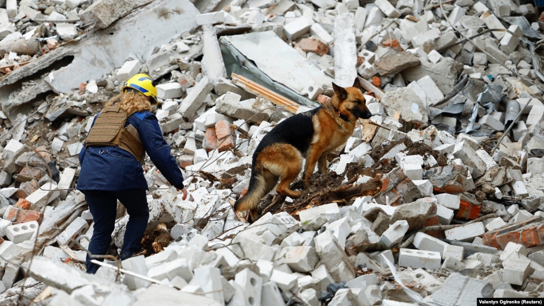 A rescuer works with a sniffer dog at the site of a destroyed building during a deadly Russian missile strike in Chernihiv on April 17.
