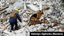 A rescuer works with a sniffer dog at the site of a destroyed building during a deadly Russian missile strike in Chernihiv on April 17.