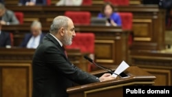 Armenian Prime Minister Nikol Pashinian speaks in parliament in Yerevan in April.