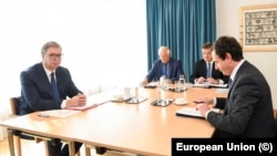 S leva na desno: predsednik Srbije Aleksandar Vučić, šef diplomatije EU Josep Borrell, specijalni predstavnik EU za dijalog Miroslav Lajčak i premijer Kosova Albin Kurti, Brisel, septembar 2023.