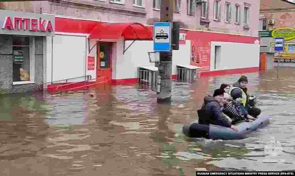 Residents being evacuated by raft amid the floodwaters in Orsk. More than 10,400 homes across nearly 40 regions of Russia have been flooded due to heavy rains and snowmelt, with more flash flooding expected, the&nbsp;Russian Emergency Situations Ministry&#39;s press service said on April 8. &nbsp;