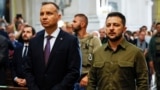 UKRAINE – President of Ukraine Volodymyr Zelenskyy (right) and President of Poland Andrzej Duda during the commemoration of the victims of the Volyn tragedy. Lutsk, July 9, 2023