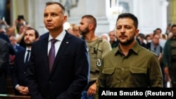 UKRAINE – President of Ukraine Volodymyr Zelenskyy (right) and President of Poland Andrzej Duda during the commemoration of the victims of the Volyn tragedy. Lutsk, July 9, 2023