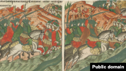 Монголы вторгаются на Кавказ (слева), половцы бегут от монголов (справа). Миниатюры Лицевого летописного свода XVI века