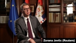 Predsednik Srbije Aleksandar Vučić tokom intervjua Rojtersu u Beogradu, Srbija, 28. septembra 2023.