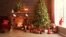 interior christmas. magic glowing tree, fireplace, gifts 