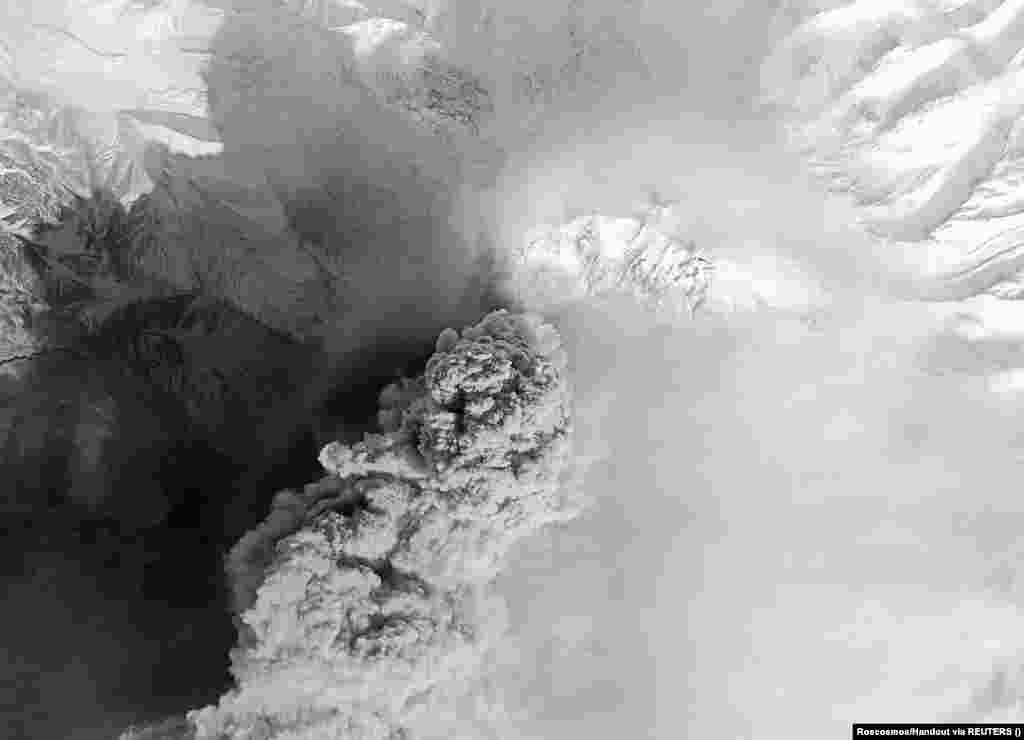 A satellite image captures the smoke and ash plume from the erupting Shiveluch volcano on April 12.&nbsp; The volcano has been erupting continuously since 1999, though typically not with the same level of ferocity as the explosion on April 11.