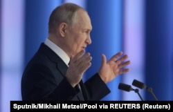 Российский президент Владимир Путин во время выступления с посланием, Федеральное собрание РФ. Москва, 21 февраля 2023 года