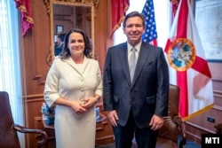 Hungarian President Katalin Novak appeared alongside governor and early hopeful for the U.S. Republican presidential nomination Ron DeSantis in Florida on March 9.