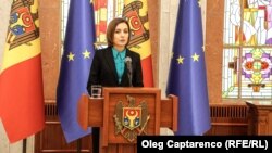 Presidentja e Moldavisë, Maia Sandu, gjatë një konference për media më 13 shkurt. 