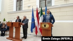 Ministar vanjskih poslova BiH Elmedin Konaković, italijanski ministar vanjskih poslova i međunarodne saradnje Antonio Tajani i austrijski ministar za evropske i međunarodne poslove Alexander Schallenberg u Sarajevu, 4. mart 2024.