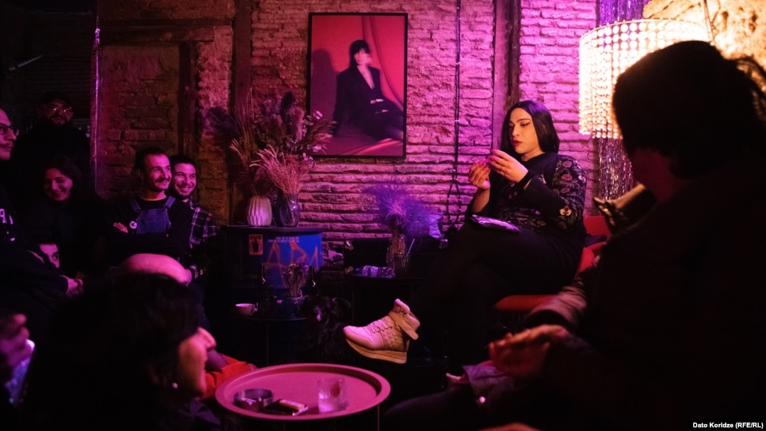 Nata Talikishvili, a transgender woman, performs comedy at the Klara bar in Tbilisi.