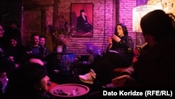 Nata Talikishvili, a transgender woman, performs comedy at the Klara bar in Tbilisi.