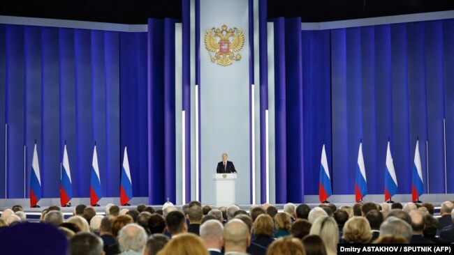 Российский президент Владимир Путин во время выступления с посланием к Федеральному собранию РФ. Москва, 21 февраля 2023 года