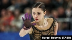 Figure skater Sofya Samodelkina performs during the free skating event at the Channel One Figure Skating Cup at the Saransk Arena in Mordovia, Russia, on March 27, 2022.