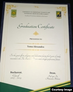 Certificatul de absolvire al Alexandrei Toma.