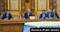 Kazakh President Qasym-Zhomart Toqaev speaks at a meeting with Central Asian leaders in Dushanbe on September 14.