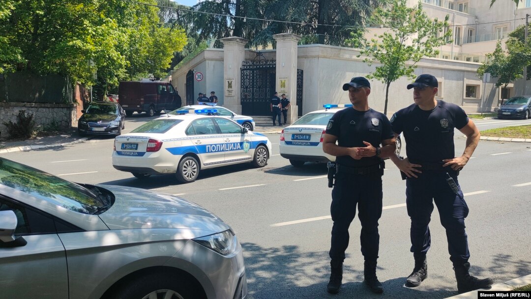 Serbian police stand outside the Israeli Embassy in Belgrade after an attack on an embassy guard on June 29. 