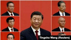 Kombinacija slika prikazuje kineske vođe Si Đinpinga (u sredini), Lija Kvianga (gore lijevo), Žaoa Lejia (gore desno), Vanga Huninga (lijevo u sredini), Caija Kija (desno u sredini), Dinga Suesianga (lijevo dole) i Lija Sija (desno dole)