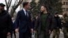 Ukraine's President Volodymyr Zelenskiy (right) and Dutch Prime Minister Mark Rutte walk in downtown Kharkiv on March 1.