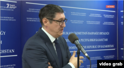 Energy Minister Almasadam Satkaliev addresses journalists on April 11.