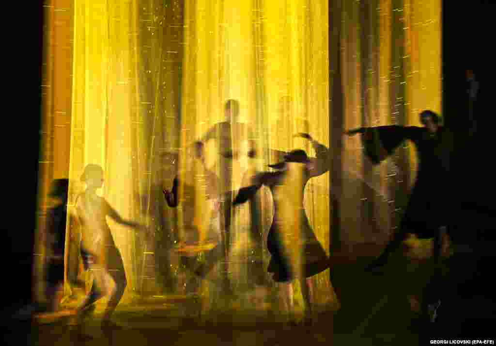 A multiple exposure photo of dancers from the Skopje Dance Theater performing Lady Macbeth by Risima Risimkin during Skopje&#39;s Dance Fest.